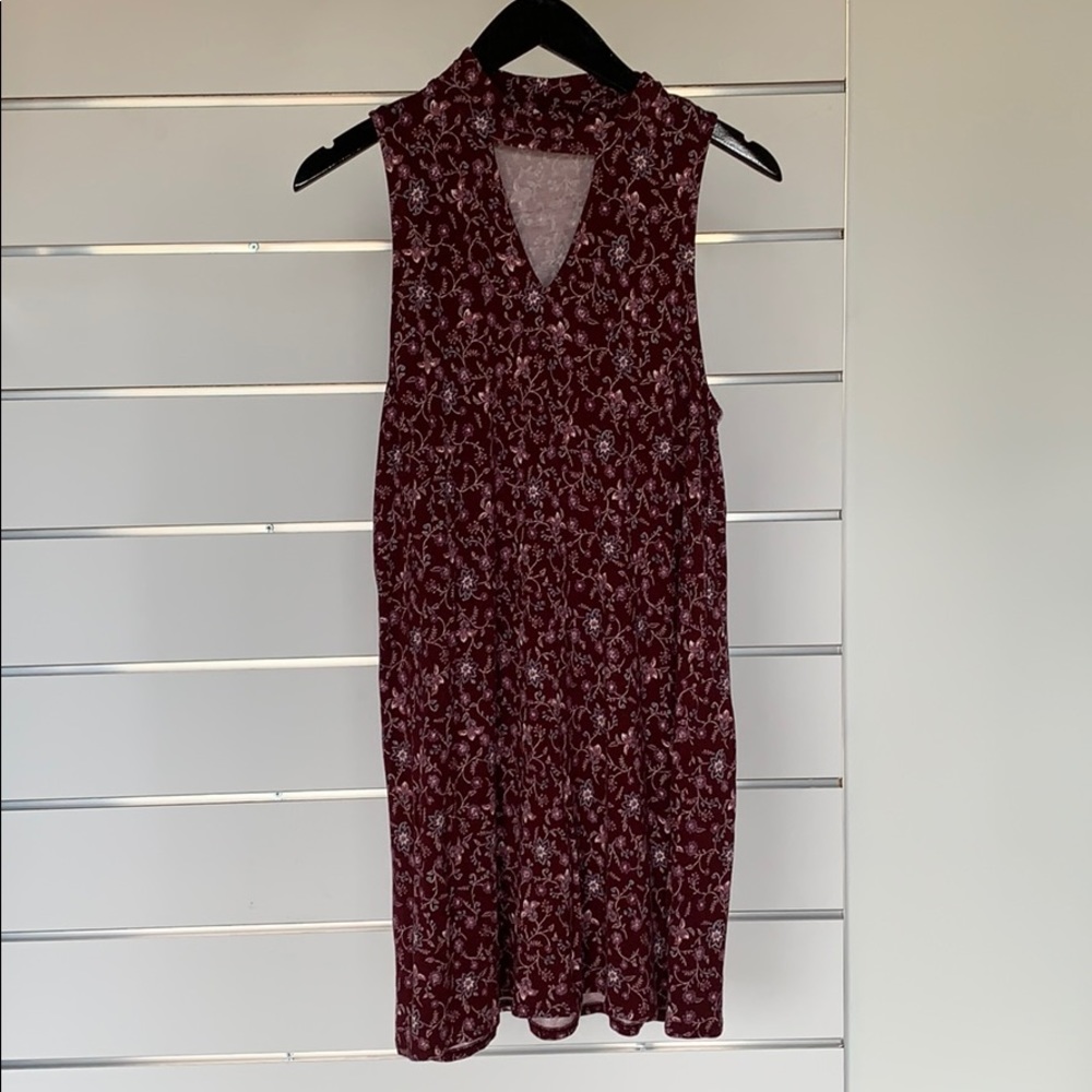 Red, flowered, high-neck keyhole dress